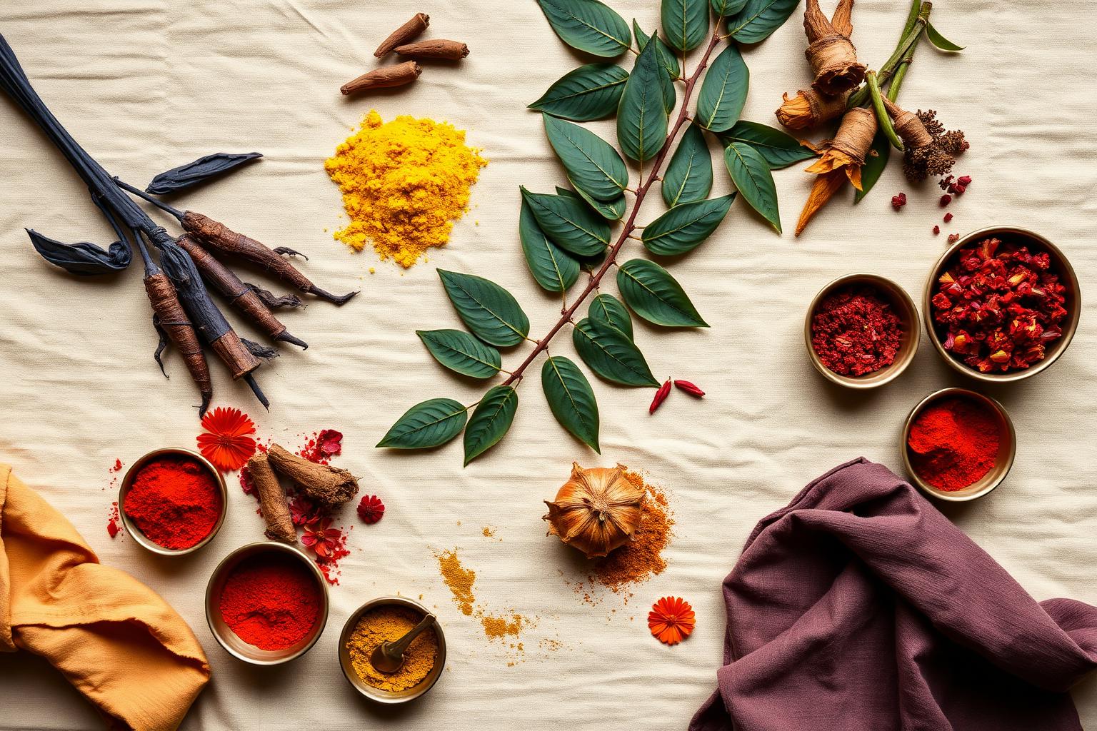 Natural dye ingredients — indigo leaves, turmeric, madder root, marigold and pomegranate